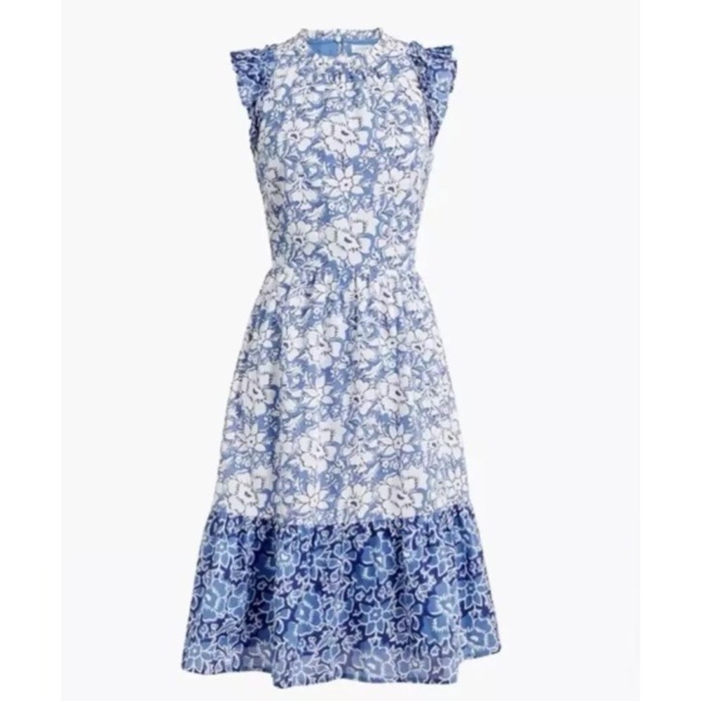 NEW j. Crew Mini Dress Ruffle Tiered Blue Floral Cottagecore Cotton Pocket US 6